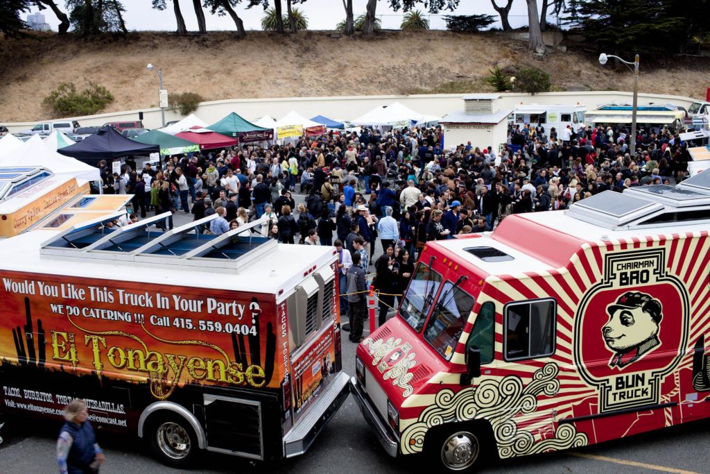 An overall view of the weekly food event "Off The Grid" at Fort Mason Center in San Francisco, Calif. on Friday, Aug. 13, 2010.